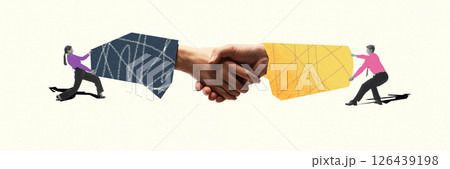 Digital artwork. Two business people pull opposite hands into handshake, showing tension and effort to make a deal. Digital artwork. Two business people pull opposite hands into handshake, showing tension and effort to make a deal. 126439198