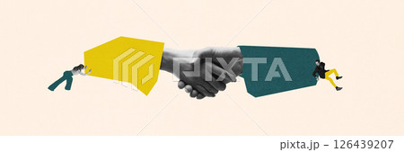 Digital art collage illustrating strong business partnership. Two employees pushing hands toward handshake, collaborative effort and agreement. 126439207