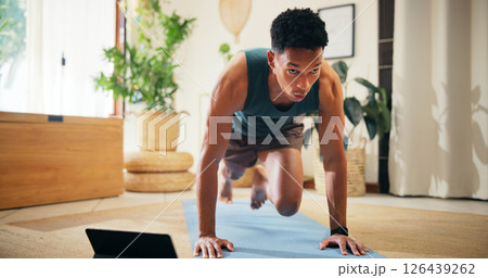 Man, tablet or gym tutorial for plank exercise, online course or balance for strong core muscle. Streaming, routine or mountain climbers in virtual class for fitness, abs workout or training in home 126439262