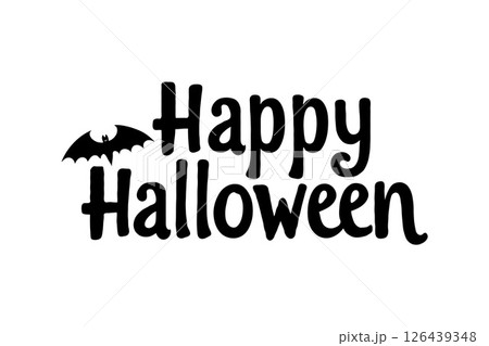 Happy Halloween text with bat silhouette on white background in spooky style. 126439348