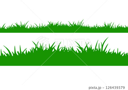 Two horizontal green grass silhouettes with varying blade shapes on a plain white background, representing natural lawn elements 126439379