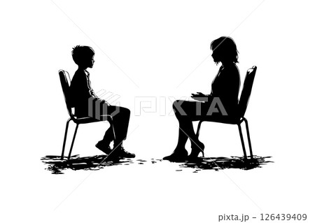 Two people talking, silhouette style, on white background. Concept of communication. Concept of psychotherapy session 126439409