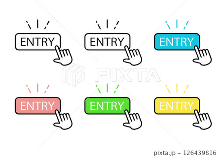 様々な配色が施されたエントリーボタンをクリックする人物の手のアイコンセット 126439816