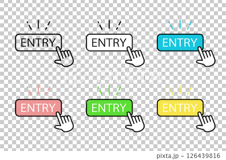様々な配色が施されたエントリーボタンをクリックする人物の手のアイコンセット 126439816