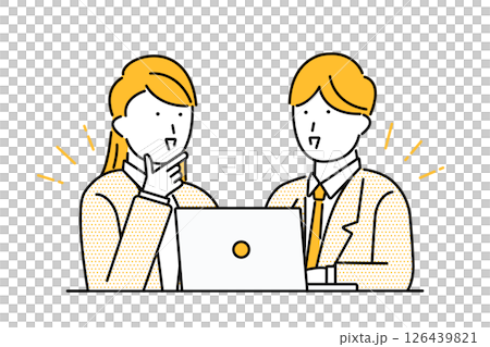 若手の女性社員にパソコンを使って仕事を教えるビジネスマンのイメージイラスト 126439821