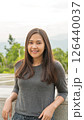 A vertical picture of a young Asian woman traveling. 126440037