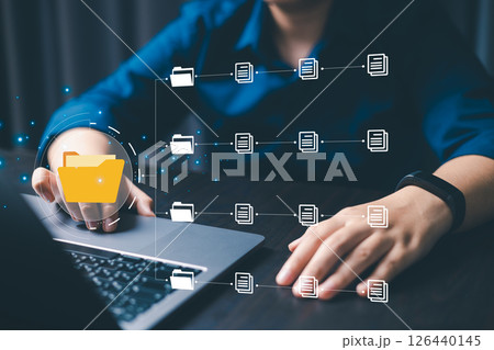 Corporate enterprises manage their information efficiently by organizing online documents and files into a secure cyberspace database and folder management system. cyberspace, document, folder, corp 126440145