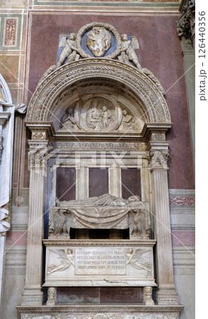 Tomb of Leonardo Bruni Italian humanist, historian and statesman by Bernardo Rossellino, Funerary monument, Basilica of Santa Croce (Basilica of the Holy Cross) in Florence, Italy 126440356