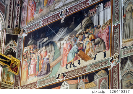 The tree grew and was made into a bridge, in front of which the Queen of Sheba kneels, then Solomon has the wood removed and sinks it, fresco by Agnolo Gaddi in Basilica di Santa Croce (Basilica of 126440357