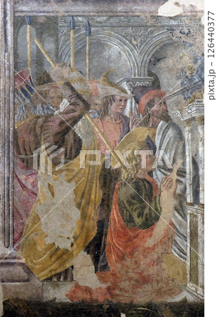 Martyrdom of St. Thomas the Apostle, fresco by Circle of Andrea Castagno, Basilica of Santa Croce (Basilica of the Holy Cross) in Florence, Italy 126440377