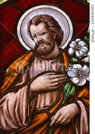 Saint Joseph, stained glass window in Basilica Assumption of the Virgin Mary in Marija Bistrica, Croatia 126440385