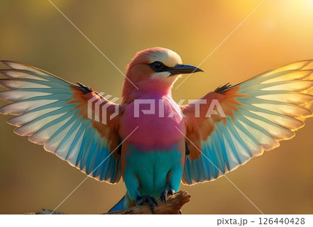 Burst of Color: The Lilac-Breasted Roller Dazzling Display in Sunset Light" Burst of Color: The Lilac-Breasted Roller Dazzling Display in Sunset Light" 126440428