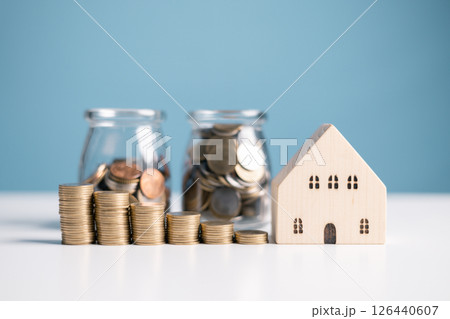 Buy a house, save money for a loan, understand home equity, and consider the value of insurance while collecting coins for additional funds. home, house, loan, equity, save, value, buy, money, coin. 126440607