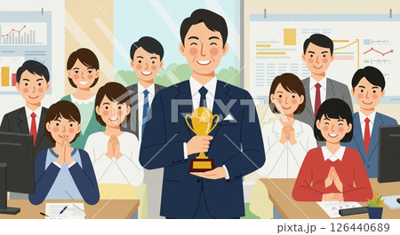 チームの勝利：トロフィーを囲む日本人ビジネスチームの笑顔 126440689