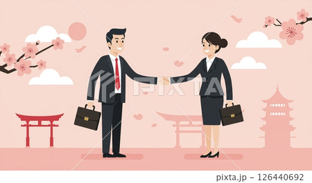 信頼と協力の象徴：富士と桜の下で握手する日本人ビジネスパーソン 126440692