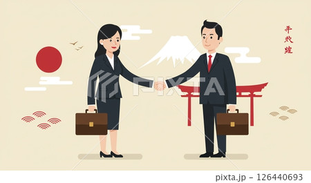 信頼の証：富士山を背景に握手する日本人ビジネスパーソン 126440693