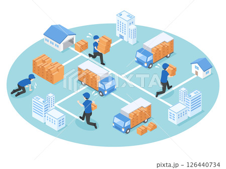 大量の荷物を街中に届けるために苦労している配送業者のアイソメトリックイラスト 126440734