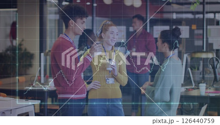 Image of financial data processing over diverse business people in office Image of financial data processing over diverse business people in office 126440759