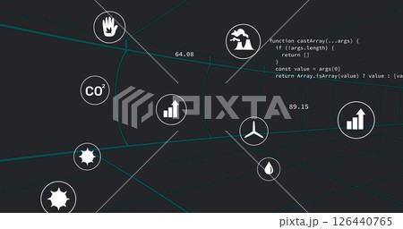 Image of eco icons and data processing over black background 126440765