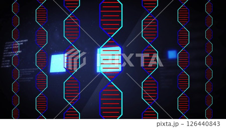Image of dna strands over data processing on black background Image of dna strands over data processing on black background 126440843