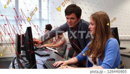 Image of financial data processing over diverse business people in office 126440905