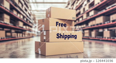 Free Shipping Day concept featuring stacked cardboard boxes labeled free shipping in a large warehouse with rows of shelves. Free Shipping Day concept featuring stacked cardboard boxes labeled free shipping in a large warehouse with rows of shelves. 126441036