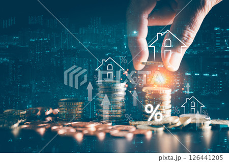 Securing mortgage loan, business invested in real estate, turning concept of homeownership into profitable venture fueled by smart financial management and strategic money use. house, loan, money. 126441205