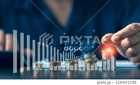 Analyzing the financial chart, the business strategized its investment to maximize profit in the fluctuating money market. money, market, cost, financial, business, finance, chart, investment. 126441206
