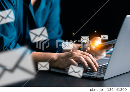 Company uses email marketing to send out engaging newsletters and promotional content through electronic mail in cyberspace, reaching customers online. email, mail, content, marketing, newsletter. Company uses email marketing to send out engaging newsletters and promotional content through electronic mail in cyberspace, reaching customers online. email, mail, content, marketing, newsletter. 126441209