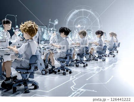 未来教育　ホログラフィックディスプレイを搭載した端末を使って勉強する子供たちのイラスト素材 126441222