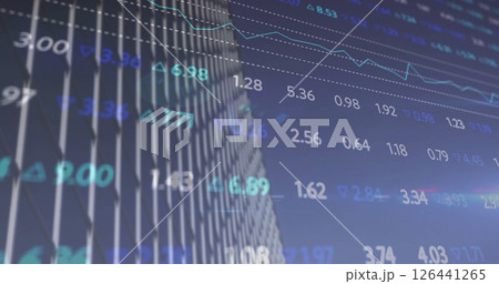 Stock market data image over skyscraper building background 126441265
