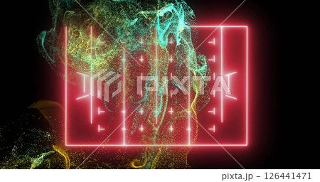 Image of yellow and blue particle wave over pink neon rugby pitch on black background 126441471