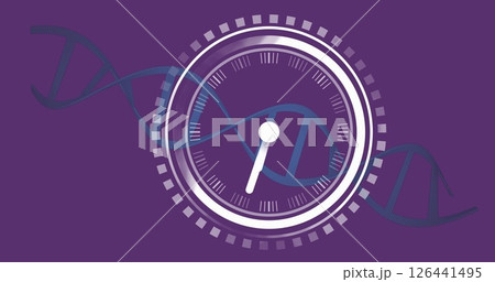 Image of clock over dna strand on purple background Image of clock over dna strand on purple background 126441495