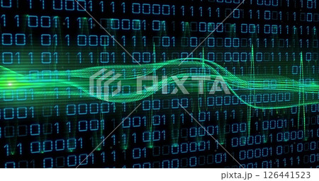 Image of binary coding and digital data processing over black background Image of binary coding and digital data processing over black background 126441523