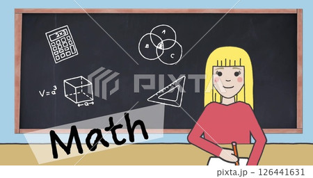 Image of school items drawings and math text with schoolgirl icon on black board 126441631