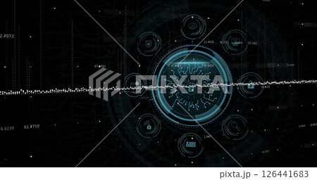 Image of digital data processing over scope scanning with icons and padlock Image of digital data processing over scope scanning with icons and padlock 126441683