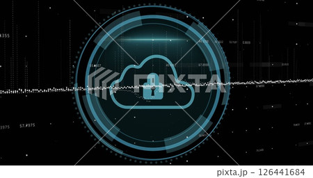 Image of digital data processing over scope scanning with cloud and padlock 126441684