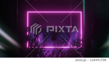 Image of neon frame with tropical leaves on black background Image of neon frame with tropical leaves on black background 126441706