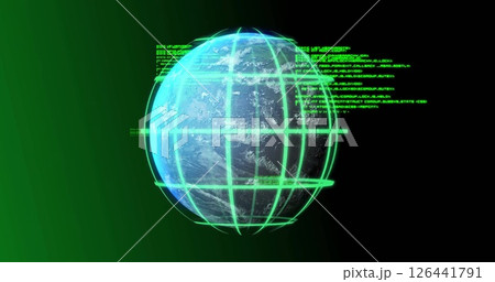 Image of network of connections and globe with data processing on black background 126441791