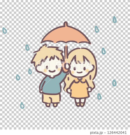 Deformed touch, illustration of a man and a woman sharing an umbrella, simple, material, document creation, no background, rainy season 126442041