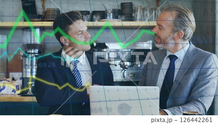 Image of financial data processing over diverse business people in office 126442261