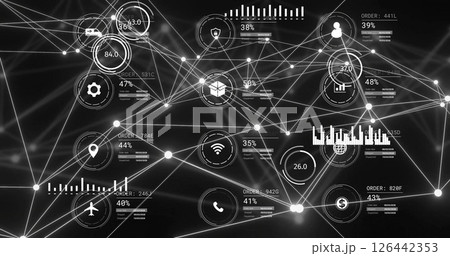 Image of data processing with icons over connections 126442353