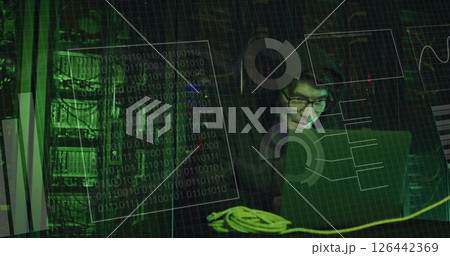 Image of data processing and diagrams over asian male hacker in server room Image of data processing and diagrams over asian male hacker in server room 126442369