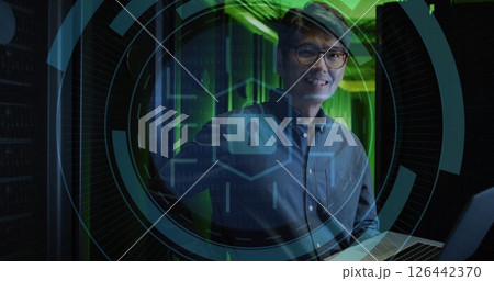 Image of scope scanning and padlock over asian male worker in server room Image of scope scanning and padlock over asian male worker in server room 126442370