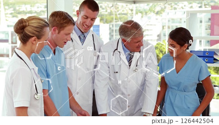 Image of chemical formula over diverse doctors talking Image of chemical formula over diverse doctors talking 126442504