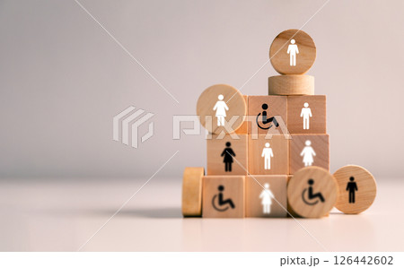 Concept of inclusion and equity in employment ensures that people with disabilities are provided equal opportunities in diverse work environment, promoting both business success and health equality. Concept of inclusion and equity in employment ensures that people with disabilities are provided equal opportunities in diverse work environment, promoting both business success and health equality. 126442602