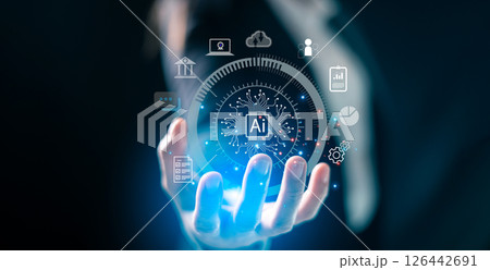 Cyberspace, businesses leverage AI technology, generative software to deploy virtual assistants chat with users, manage digital information efficiently. generative, business, cyberspace, technology. 126442691