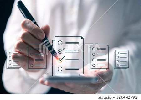 Client reviewed document, using checklist to mark each checkbox, ensuring information, technology choices were suitable for business. checklist, choice, client, document, list, business technology. 126442792