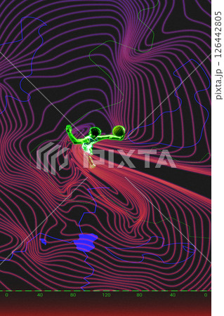 Conceptual art collage. Player dunks glowing basketball into curved contour terrain where pink lines radiate from explosive red trail. Conceptual art collage. Player dunks glowing basketball into curved contour terrain where pink lines radiate from explosive red trail. 126442805