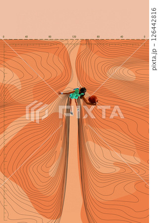 Poster. Contemporary art collage. Girl in teal dress jumps with basketball across curved orange surface with motion lines visualizing strength, direction. 126442816